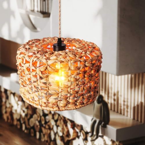 Luminaire suspendu en rotin rustique et suspension en bambou à 1 lumière pour salon