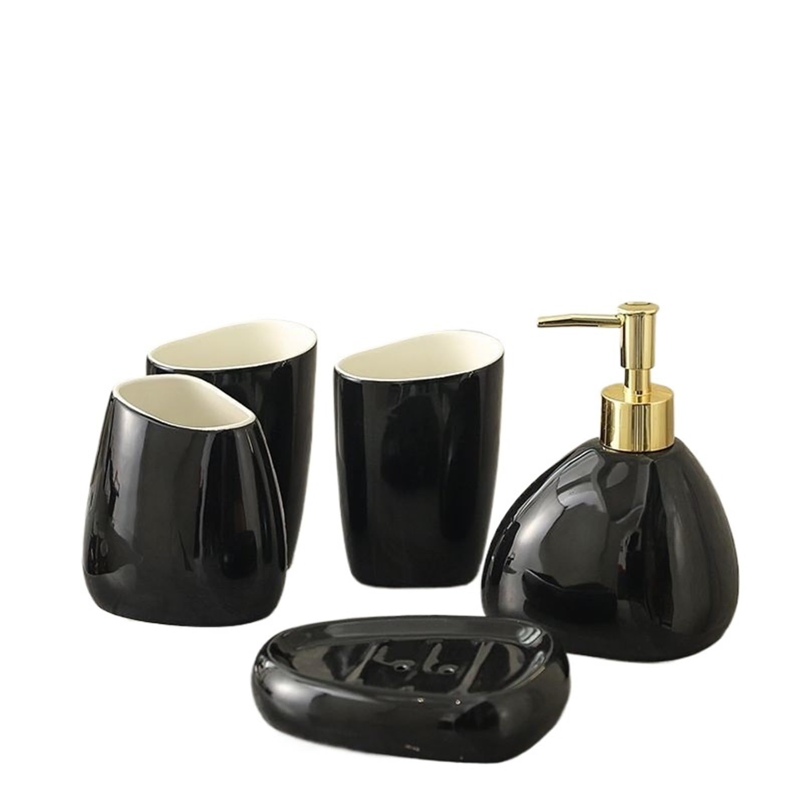 Soap Dish Set Exquisite Gold Plated Black Ceramic Bathroom Set Lotion Bottle Soap Dispenser Household Mouthwash Accessories(Color2)