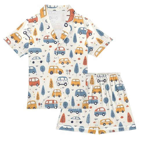 ALAZA Cute Car Pine Tree Satin Pajamas Set Short Sleeve Button Down Sleepwear Summer Pjs 2 Piece