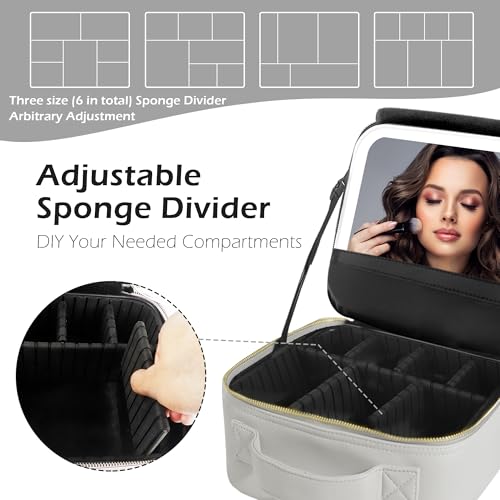 Image of MOMIRA Travel Makeup Bag Cosmetic Bag Makeup Organizer Bag with Lighted Mirror, Adjustable Brightness in 3 Color Scenarios, Waterproof Makeup Train Case, Gift for Women - Light Gray(Woven)