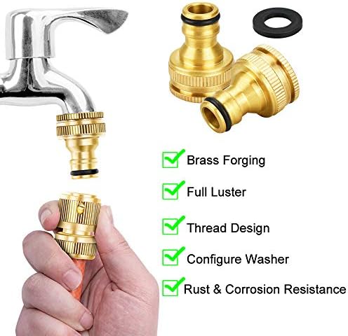 EMAGEREN 4 pack Brass Hose Tap Connector 3/4 inch & 1/2 inch Garden Water Hose Tap Adaptor 2-in-1 Female Threaded Faucet Adapter Quick Connect Outside Hose Fittings for Hose Pipe, Washing Machine
