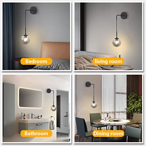 Image of BOKT Modern Smoke Gray Glass Ball Wall Sconce Lighting Mid Century Matte Black Wall Mount Light Fixture Vanity Globe Bathroom Wall Lamp (Black+Smoke Gray)
