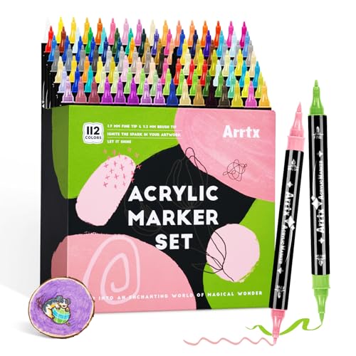 Arrtx アクリルマーカー 112色セット|極細&ブラシ2WAYペン先|石・陶器・木・プラスチック対応|スクラップブッキング・カードデコレーションに|プロからDIYまで