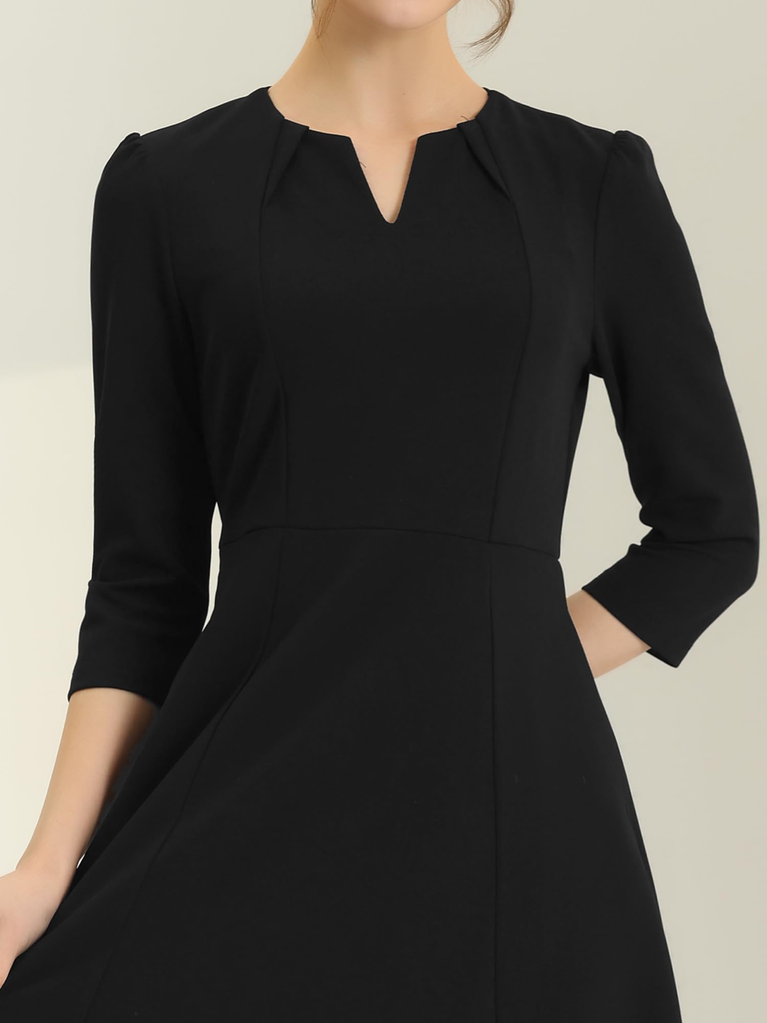 Allegra K Damen 3/4-Ärmeln A-Linie V-Ausschnitt Business Kleid Taschen Arbeit Elegant Midikleid