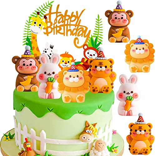 MEZHEN Decoración para Tartas Cumpleaños Decoración de Pastel Animales de la Selva Toppers para Tartas Happy Birthday Adorno para Tarta Fiesta de Cumpleaños Cupcake Topper D Cover