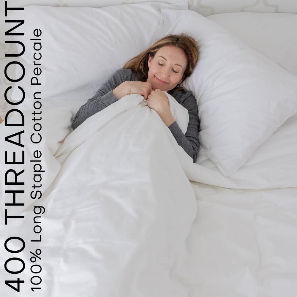 QuickZip Fitted Plus Spare Bundle: 1 Fitted & 1 Zip Sheet - Easy to Change, Soft Percale Cotton 400 TC - Deep Pockets, Queen Size - White