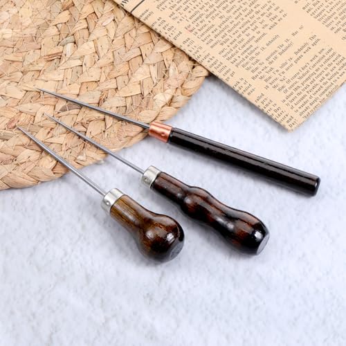 Scratch Awl Tool, 3 PCS Leather Sewing Awl Punch Tool Gourd Shape Punch Stitch Pin with Wooden Handle for Leather Crafts Shoes Repair Sewing Making Supplies