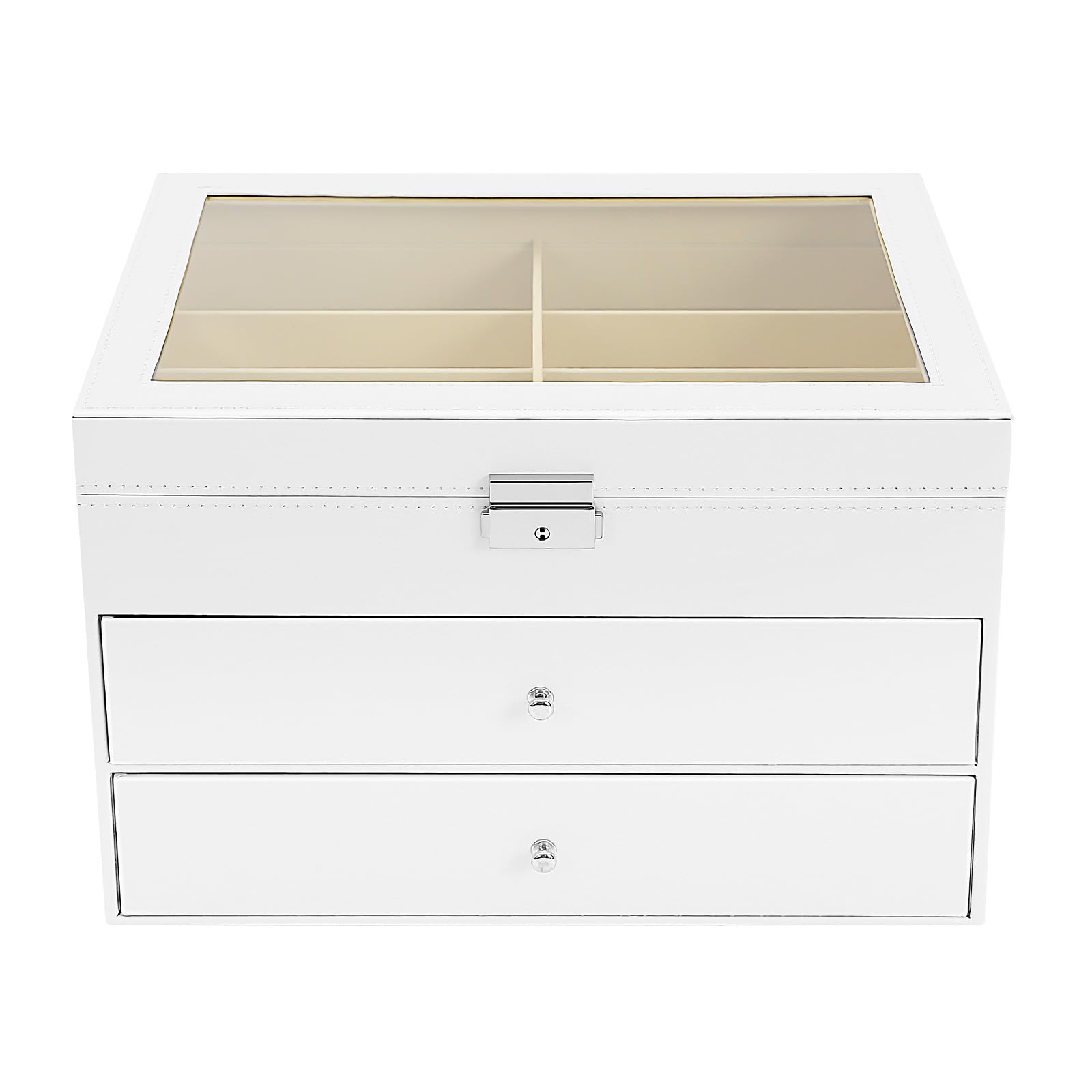 Caja de gafas de 3 niveles con 24 cajones y tapa de cristal, almacenamiento seguro con cerradura y llave, soporte para múltiples gafas, joyas, relojes (blanco)