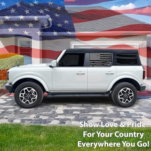 Image of BOGAR TECH DESIGNS Precut Rear Side Window American Flag Vinyl Decal Sticker Compatible with Ford Bronco 2021-2026, Disressed Matte Black