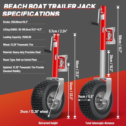 Image of Beach Boat Trailer Jack 2500 lbs Capacity with 13.3 inch Wheels-Heavy Duty for 10.2 inch Lift-RV Boat Trailer Bolt-On Swivel Tongue Jack(Red)