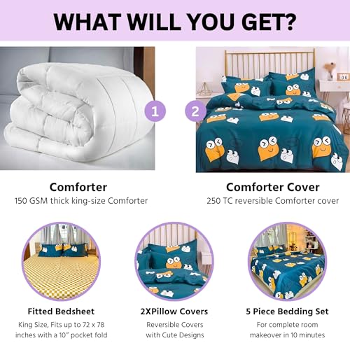 Image of Famyo King Size Bedsheet Set with 2 Pillow Covers, 250 TC Fitted Kids Bedsheet, Comforter & Comforter Cover (5pc Set) -Home Decor, 72x78 inches, Cute Smiles Design
