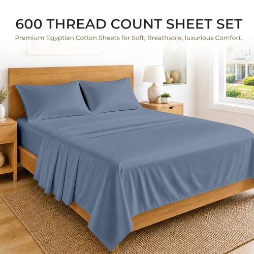 Image of SGI bedding 100% Egyptian Cotton Sheets Full XL Size - 600 Thread Count Sheets Set, Soft, Cooling, 15 inch Deep Pocket, Luxury Hotel Bedding, Breathable, Durable - Mediterranean Blue