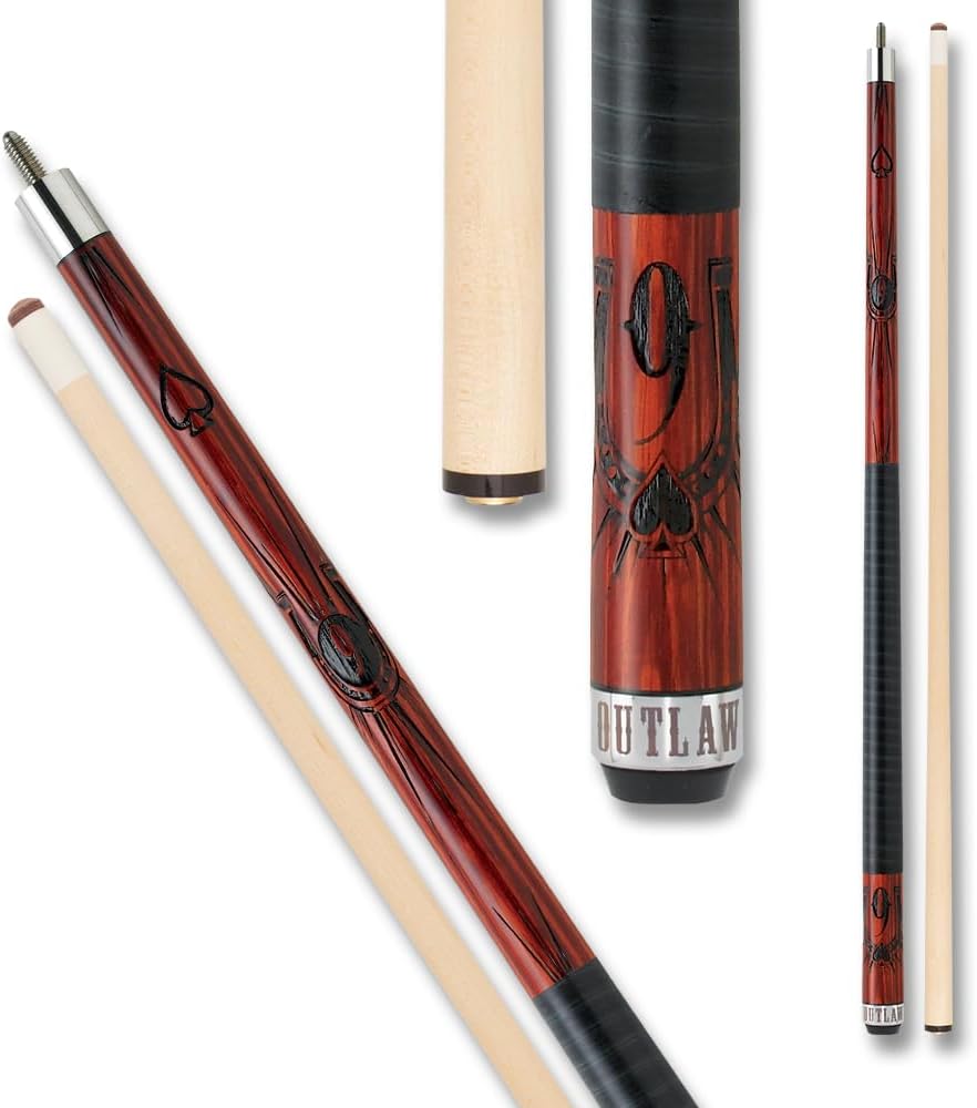 OUTLAW OL14 Cherry Pool Cue - Cherry Stained Maple with 9 Ball & Spade Design - 18oz