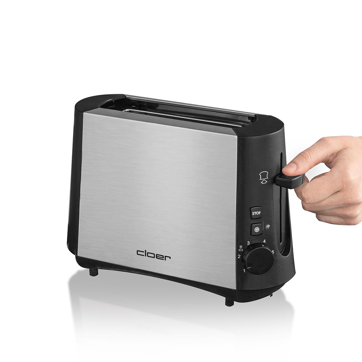 Cloer 3890 Mini-grille-pain pour 1 tranche de toast, Touche Décongélation, Tiroir à miette, Élevateur de tranches de pain, 600 W, Boîtier métallique thermo-isolant finition mate