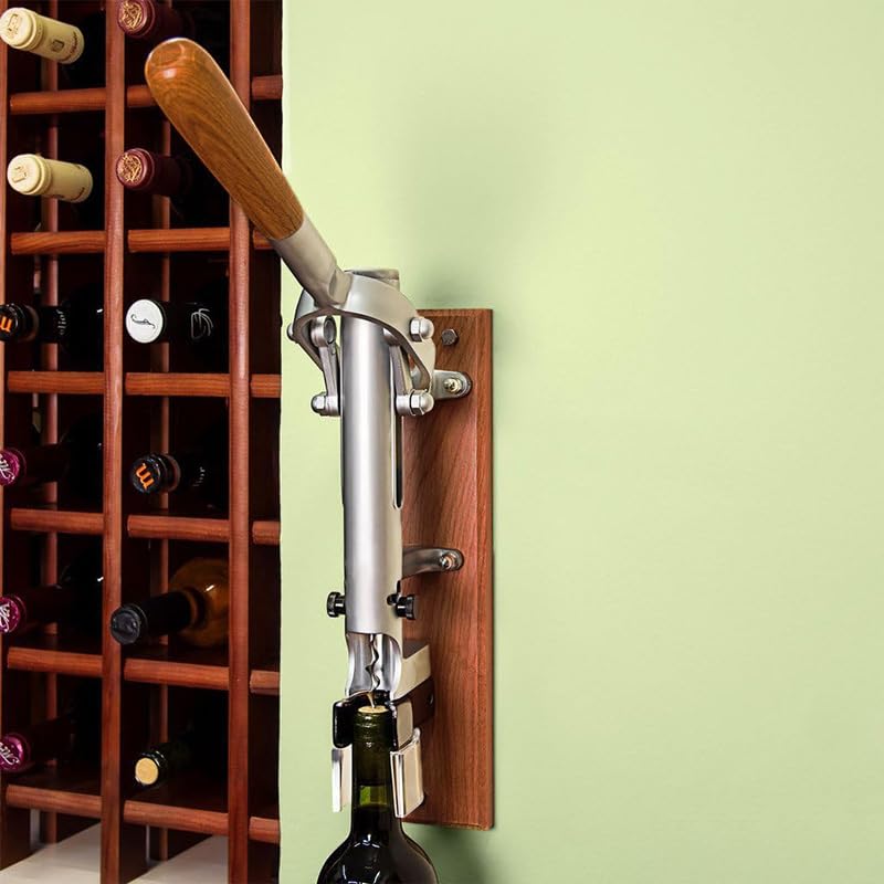 Virsus Cavatappi Professionale a Parete 2104, Lungo 55 cm, Struttura Cromata con Supporto in Legno misura 9x33,5 cm, Apribottiglie da Muro, Levatappi per bottiglie di vino