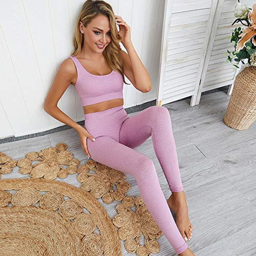 OLCHEE Women\'s 2 Piece Tracksuit Workout Outfits - Seamless High Waist Leggings and Long Sleeve Crop Top Yoga Activewear Set - Purple Size M - Thumbnail 2