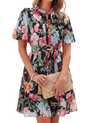 Simplee Womens Floral Summer Mini Dress Short Sleeve V Neck