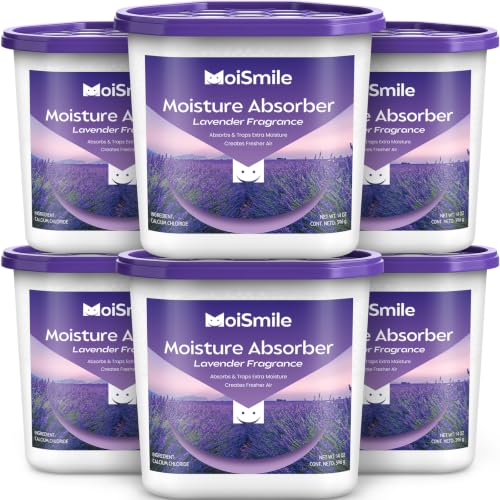 Image of Large Moisture Absorber Buckets, 6 Pack, 14 oz Each, Lavender Scent | 14 oz Net Fill with 12 g Lavender Scent Beads; Visible Water Collection; Up to 90 Days; For Bathrooms and Closets