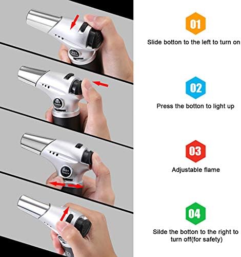 flintronic Blow Torch, Kitchen Torch, Refillable Butane Gas Torch Lighter with Safety Lock, Adjustable Flame with 2 Brush for Cooking, BBQ, Pastries, Soldering (Butane Gas Not Included) Silver