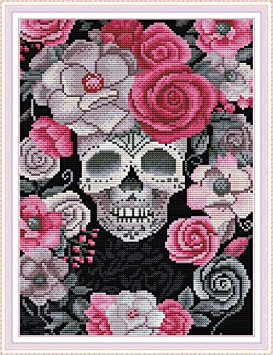Maysurban Stickerei Set Kreuzstich Starter Kit Vorgezeichnet zum Sticken Stickbild Stickvorlage mit Schädel und Rose 35X50CM Cover