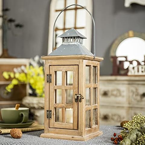 Farmhouse Decorative Candle Lanterns 15" Tall, Hanging Distressed Wood and Metal Rustic Lantern Centerpieces for Wedding, Hurricane Candle Holder Glass for Tabletop Fireplace Thanksgiving Christmas Cover