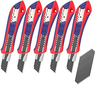 WORKPRO Zestaw 5 noży do cięcia 18 mm z 20 zapasowymi ostrzami ze SK5, profesjonalny nóż do cięcia z łamanym ostrzem, nóż do kartonu, uniwersalny nóż z gumowym uchwytem, cięcie do papieru, kartonu