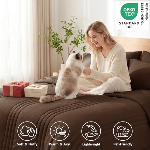 Image of CozyLux King Size Comforter Set Brown - 7 Pieces Bed in a Bag, Modern Vertical Quilted Room Decor, Soft All-Season Bedding Gift with Comforter, Sheets, Pillowcases & Shams