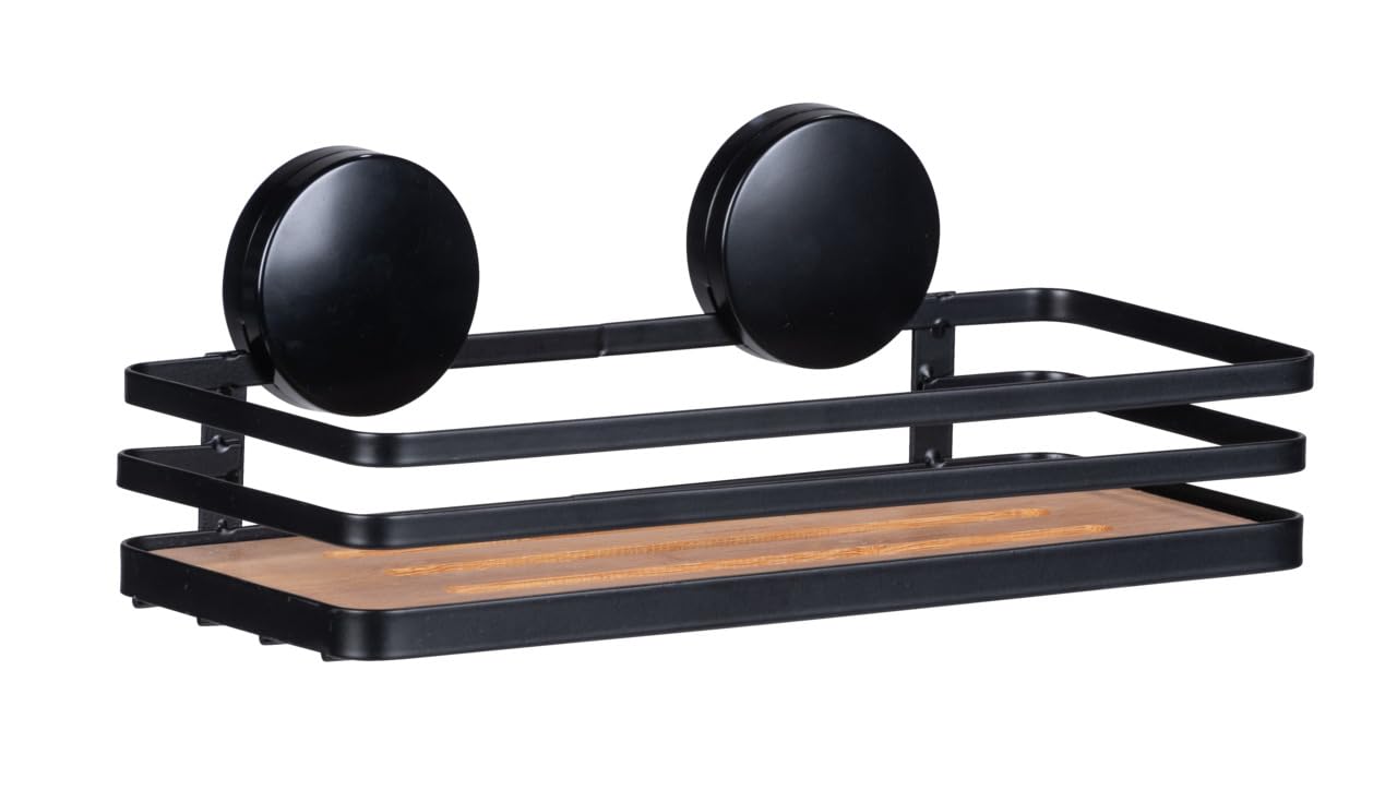 WENKO Static-Loc® Plus Alba Wall Shelf, Bathroom Shelf Made of Painted Steel and Sustainable Bamboo, No Drilling Required, Secure Hold Thanks to Static Adhesion, 26.5 x 12.5 x 11 cm, Black/Natural