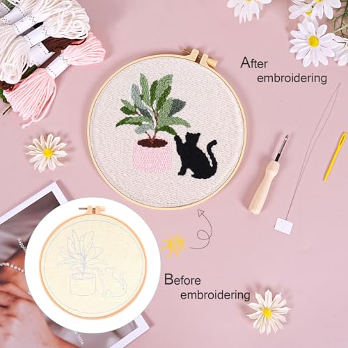 Image of KESTAR Punch Needle Embroidery Starter Kits, Black Cat Flower Punch Needle Kits for Adults Beginner, Needle Punch Kit Tool with Instruction Threader Fabric Yarns and Hoop