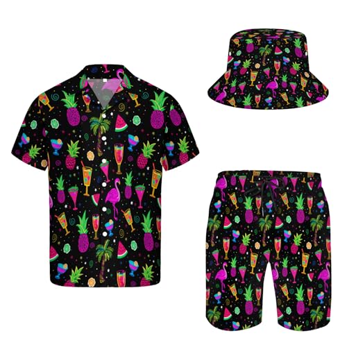 Men's Button Shirt Beach Shorts Set, Hawaiian Short Sleeve Shirt Quick Dry Beach Shorts 2 Pcs with Bucket Hat