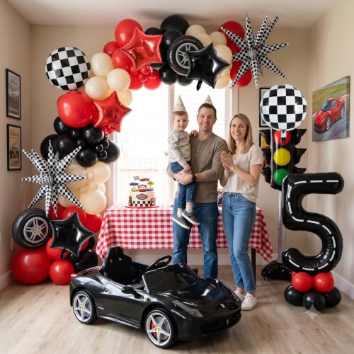 Image of TONIFUL Race Car Party Balloons Set - 40 Inch Racetrack Number 5 Foil Balloon with Checkered & Star Balloons for Boys 5th Birthday Car Themed Decorations, Baby Shower Photo Backdrop Supplies