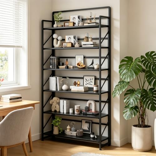 Image of JSB 6 Tier No Assembly Folding Bookshelf, 30.3 inch Wide Foldable Storage Bookcase for Home Office, Space-Saving Storage Shelf for Living Room (Black)