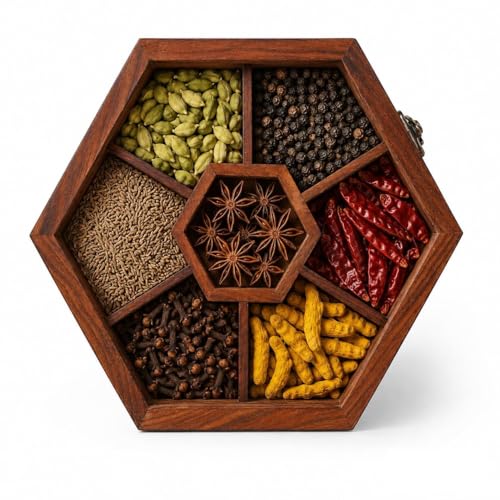 Image of Wooden Spice Box with 7 Compartments | Handmade Masala Dabba for Kitchen Storage | Premium Wooden Spice Organizer with Transparent Glass Lid | Multipurpose Storage Box