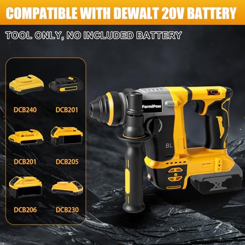 FormiPow SDS-Plus Rotary Hammer Drill for Dewalt 20V Battery, 3J Impact Brushless Hammer Drill with 2 Mode Operation, Cordless Hammer Drill with 3 SDS Plus Bits & Chisel Set (No Battery) thumbnail 6