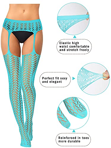 6 Pairs Women Fishnet Thigh High Stockings Garter Belts and Suspender Pantyhose Stockings for Halloween (Classic, White, Grey, Light Blue, Carmine, Fluorescent Green, Black,Medium-Large)2