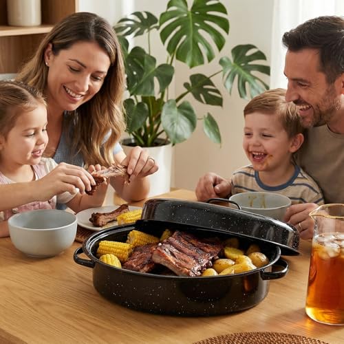 Turkey Roaster Pan 18in Roasting Pan With Lid Enamel Carbon Steel Roaster Pot with 16in Inner Diameter,18 Pound Large Capacity High Temperature Resistance Oval Cookware