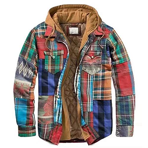 iXubem Men's Cotton Plaid Shirts Jacket Fleece Lined Flannel Shirts Sherpa Button Down Jackets with Hood for Men