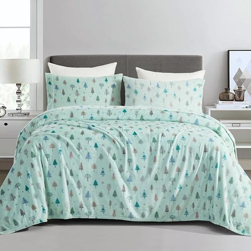 Elegant Comfort Luxuriously Soft 4-Piece Holiday Velvet Plush Flannel Sheet Set - Premium Quality - Cozy Warm, Christmas Fuzzy Velvet Flannel Fleece Deep Pocket Sheet Set - Twin, Mint Pine Trees