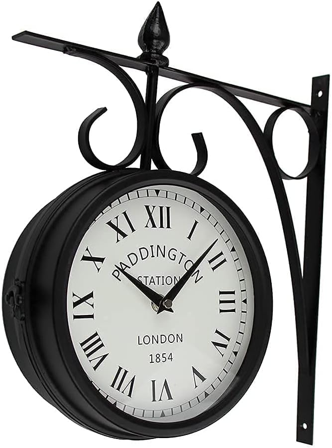 Wall Clock Art Clock Outdoor Garden Clock,Weatherproof Double-Sided Wall Clock with Bracket European Retro Style Wrought Iron Creative Station Wall Clock Wall Decor Clock