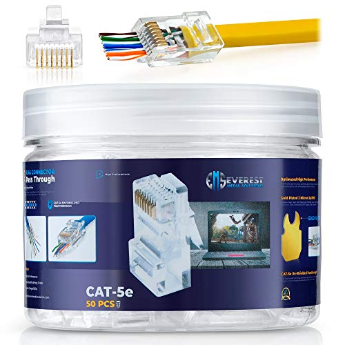 RJ45 Cat5/5e Pass Through Connectors Pack of 50, EZ Crimp Modular Data Plug for Network UTP Cat-5e Ethernet Cable