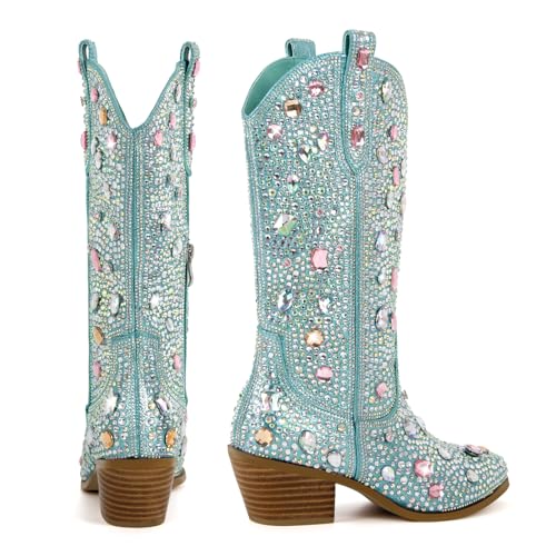 Image of Richealnana Sparkly Rhinestones Cowboy Cowgirl Style Boots Calf High Boots for Women 2INCH Heeled Shining Pull On Tabs