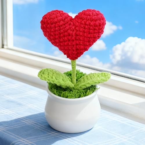 Valentine's Crochet Potted Plants, Mini Knitted Decor for Home/Office, Eco-Friendly Desk Decor, Red Heart