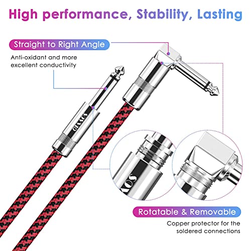 Image of 10FT 2 Pack Instrument Cable - Electric Guitar & Bass Guitar Cable with Right Angle Blue and Red 1 /4 Inch Connectors