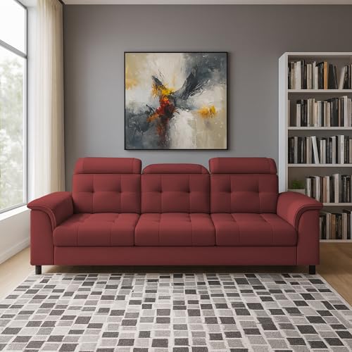 Image of Casaliving Ella 3 Seater Sofa Set for Living Room (Maroon Colour Fabric) Premium Fabric Sofa