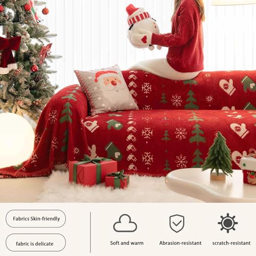 Housse de canapé de Noël en chenille douce premium rouge à pompons - 5
