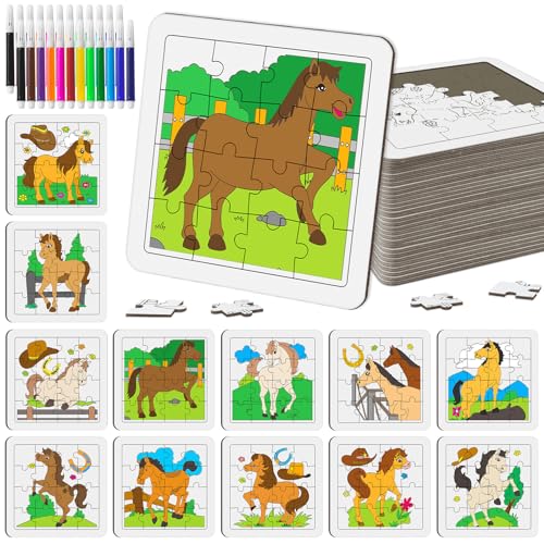 Cinrobiye 24 Pcs Horse Coloring Jigsaw Craft Kit for Kids DIY Farm Pony Activity Set Bulk with 12 Designs Rodeo Birthday Party Favors Classroom Art Projects Western Theme Supplies
