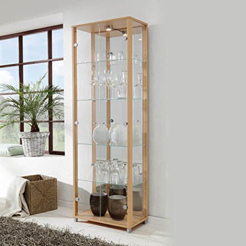 HOME Double Glass Display Cabinet Beech with 4 Glass Shelves, Spotlight, Mirror Back - Image 3