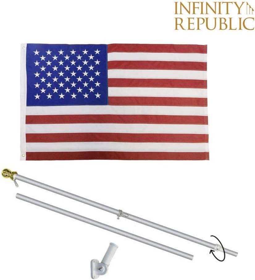 USA American Flag 3x5ft - Embroidered Stars & Stripes - NEW with Spinning Tangle-free Pole & Bracket Kit!