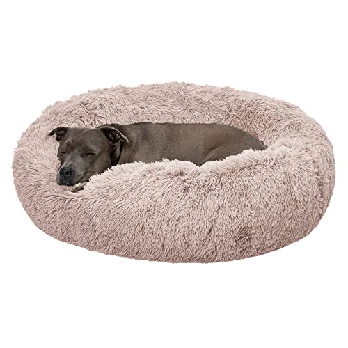 Furhaven 36 Round Calming Donut Dog Bed for Large/Medium Dogs Refillable w/ Removable Washable Cover For Dogs Up to 75 lbs - Shaggy Plush Long Faux Fur Donut Bed - Taupe Large