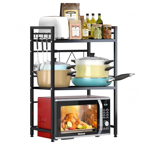 Mointal Support Extensible pour Micro-ondes, Étagère de Cuisine à 3 Niveau, Support de Micro-ondes en Acier au Carbone, Organisateur de Rangement pour Cuisine/Salle à Manger avec 8 Crochets, Noir